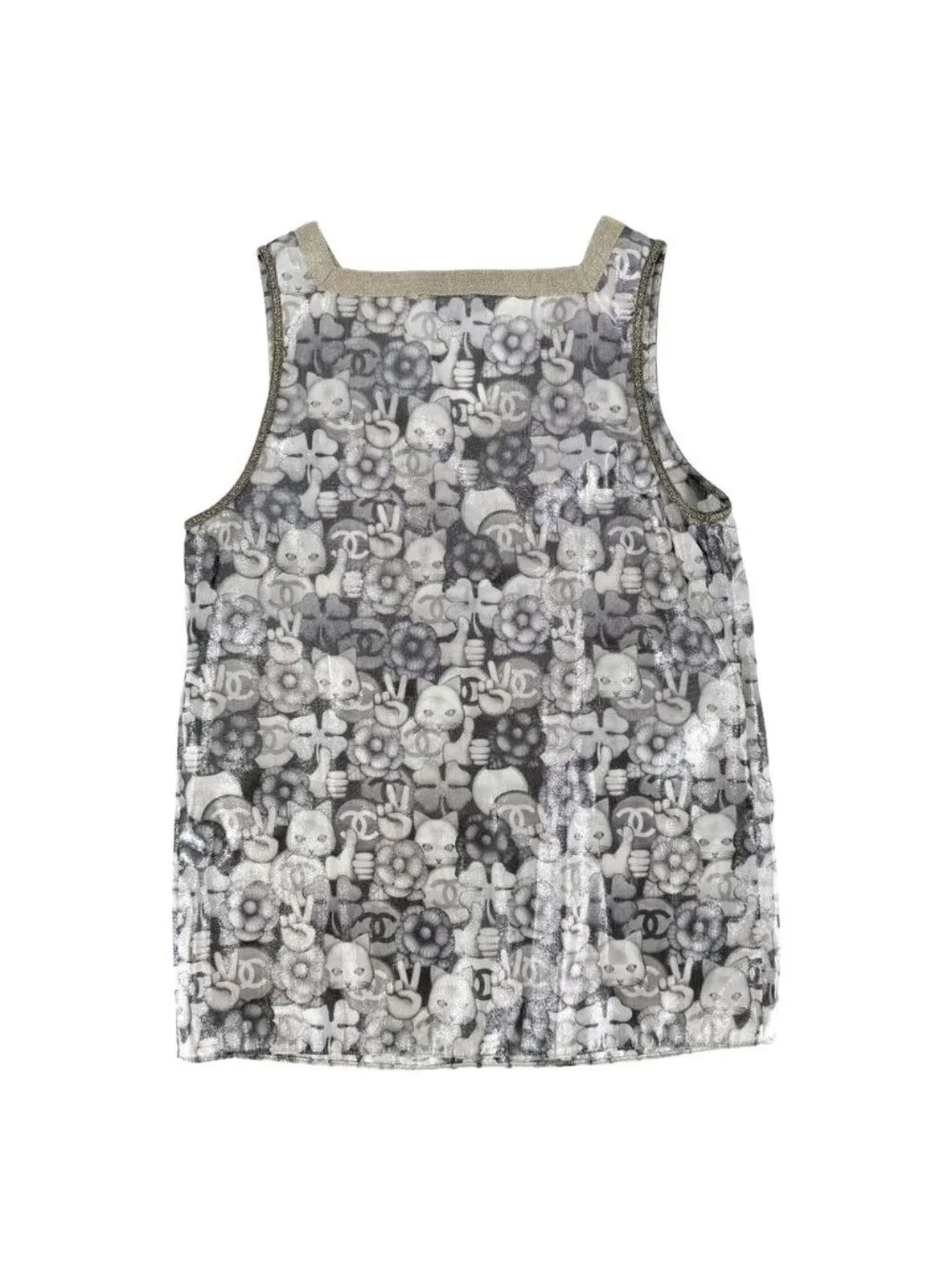 Chanel Tank Top Cat Hand Sign Sleeveless 34 Silver Gold Silk